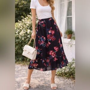 Everly Navy & Pink Floral Midi Skirt